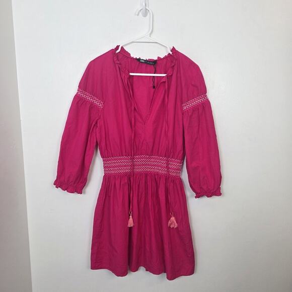 Zara Fuschia Pink Smocked Embroidered Puff Sleeve Tassels Mini Dress Size Large‎ - Picture 4 of 10